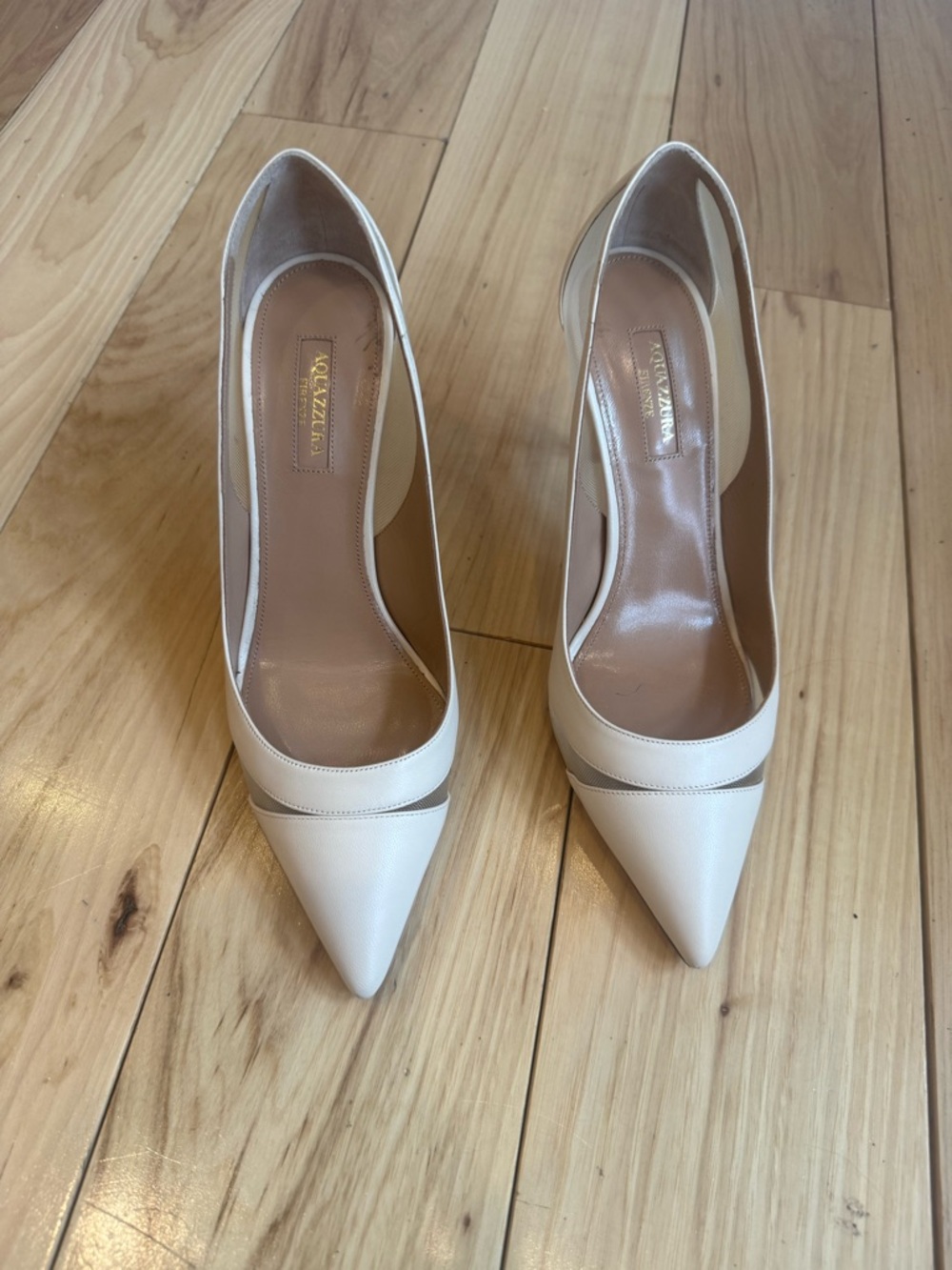 Aquazzura Ivory Pointed-Toe Mesh Panel Stiletto Pumps - Picture 2 of 15